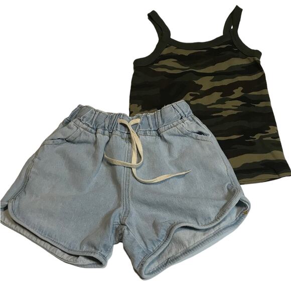 Forever 21 Girls Camo Tank Top Size 9-10 Light Wash Denim Shorts Size Large - Picture 1 of 7